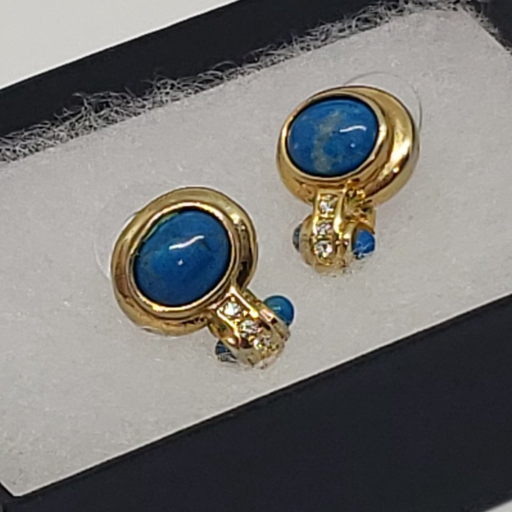 Vintage Blue Bead Rhinestone Dangle Drop Gold Tone Earrings Pierced Round - Picture 6 of 9
